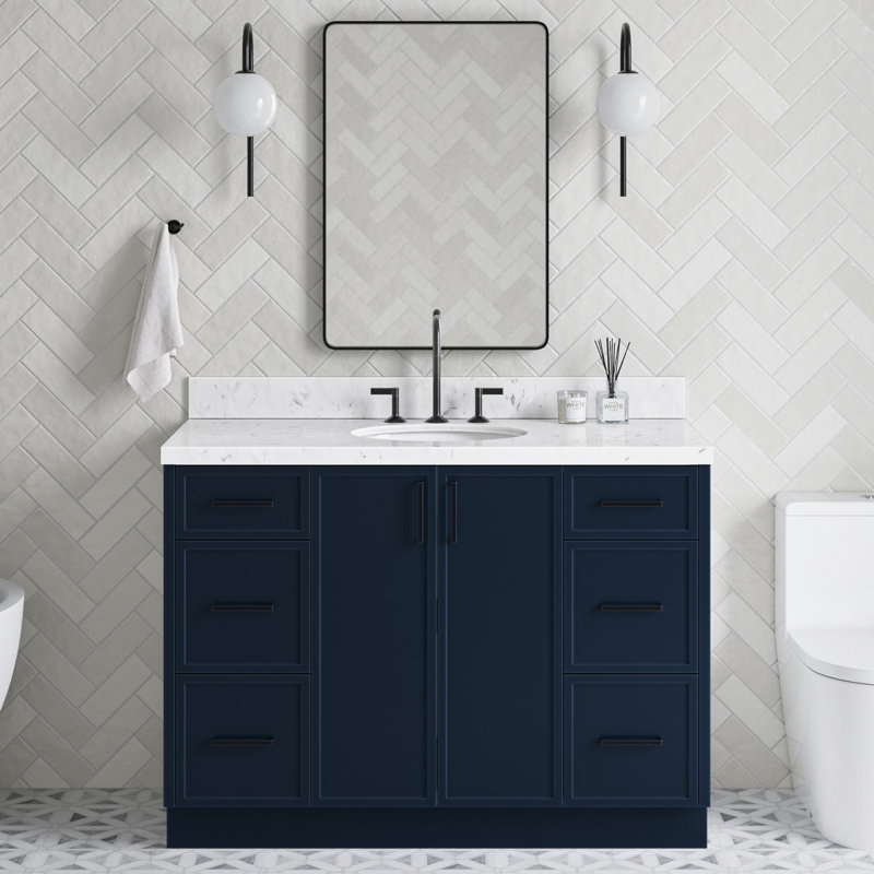 Ensemble de meuble-lavabo simple avec plateau en quartz ARIEL Kellie, Bleu minuit, 48"