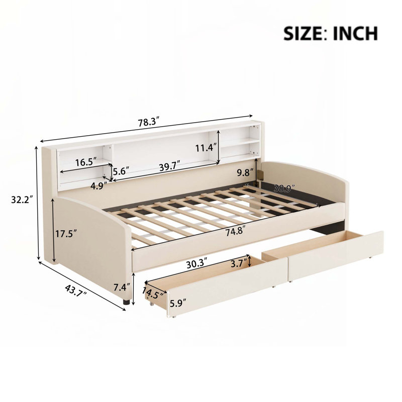 Upholstered Platform Bed with Storage, Beige