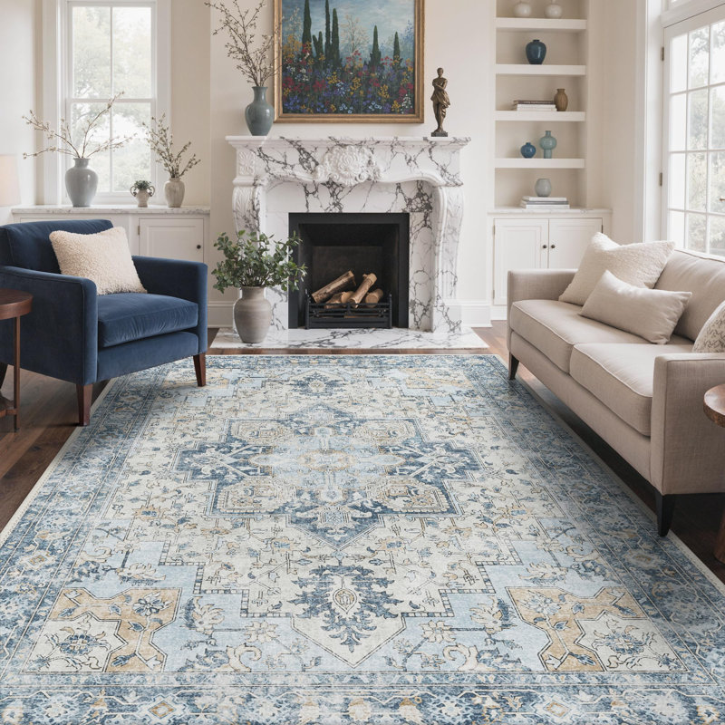 Opulent Diamond Floral Machine Washable Blue / Ivory Area Rug, Rectangle 80 x 150cm