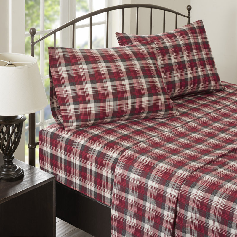 Woolrich 100% Cotton Flannel Sheet Set, King Sheet Set with 2 Pillowcases, Red Plaid