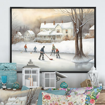Enfants jouant au hockey en hiver III - peinture sur toile