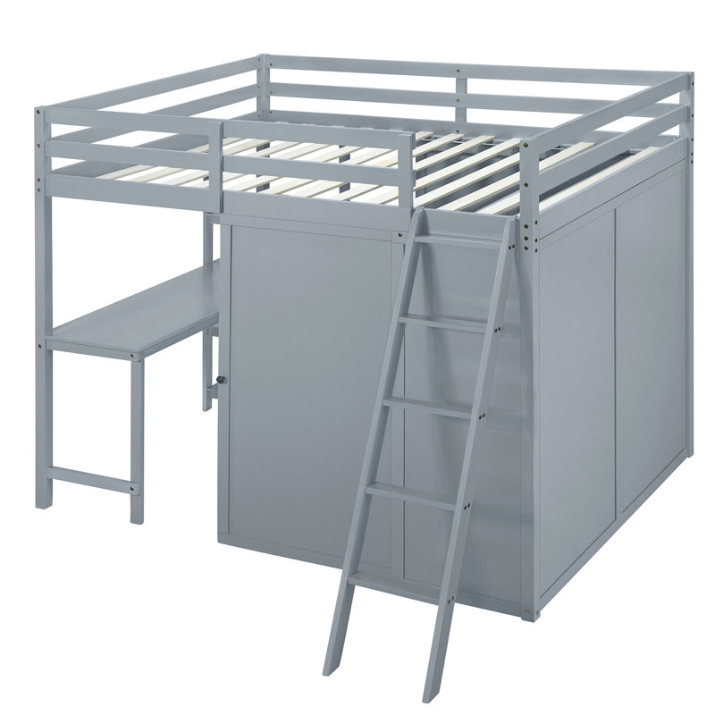 Lit mezzanine double gris avec garde-robe et tablettes de bureau, Gris
