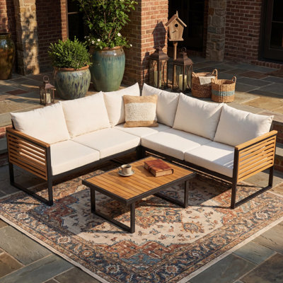 Industrial Style Outdoor Sofa Set with Iron & Acacia Wood Construction, High Back Plush Cushions, Water-Resistant Upholstery, Easy Assembly