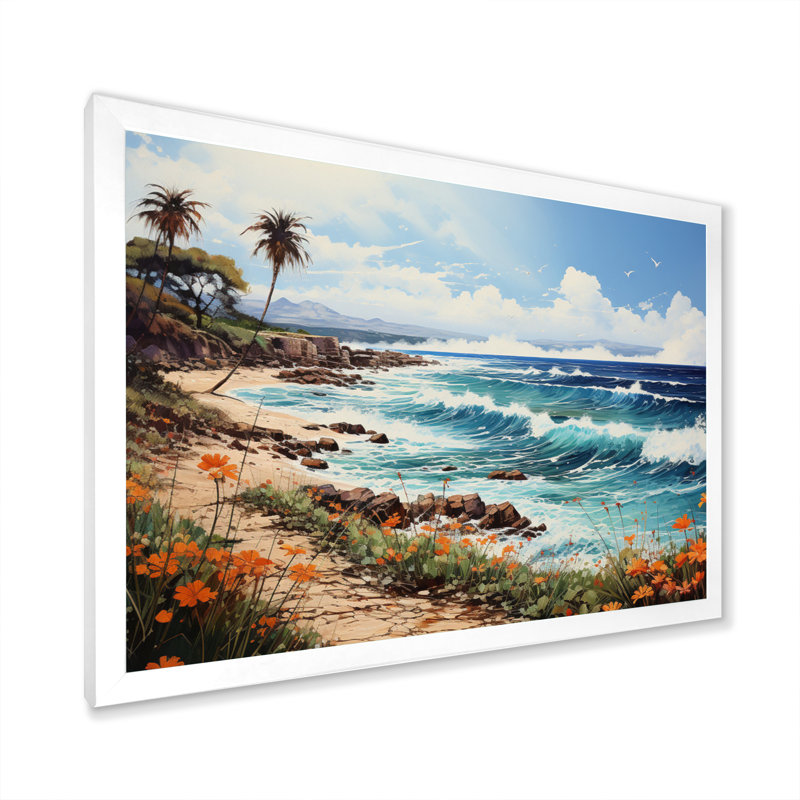 «Beach Tropical Paradise Pointillism I», reproduction d'art sur toile, Cadre simple blanc, H 30 po x l 40 po x P 1,5 po