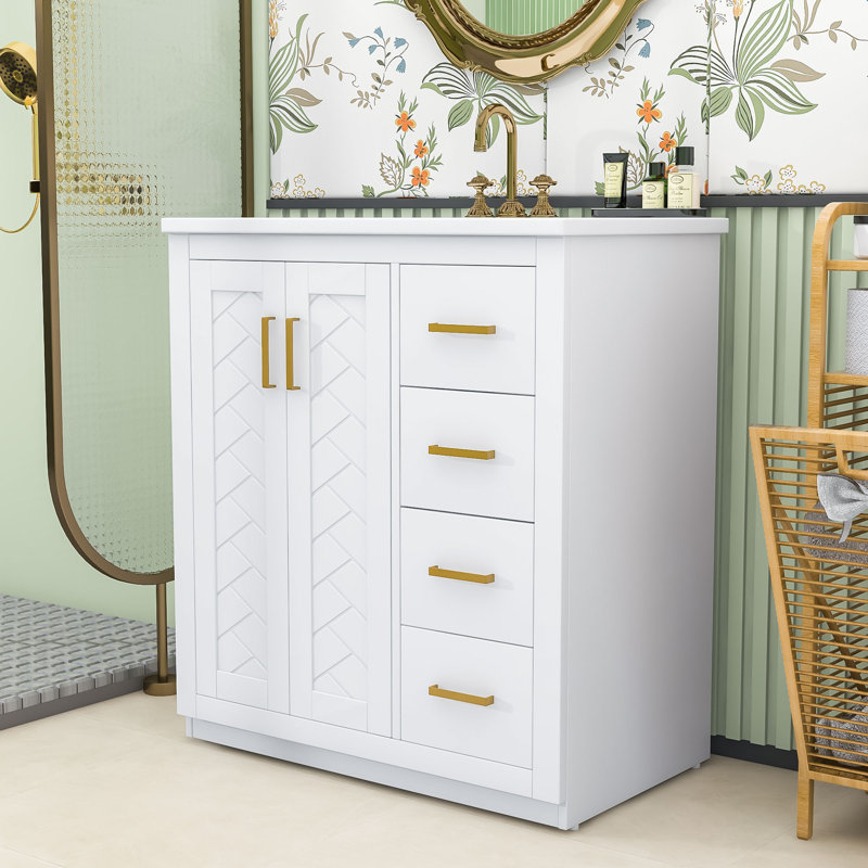  Ensemble de meuble-lavabo chic en bois et panneau de fibres à densité moyenne avec lavabo lisse, Blanc