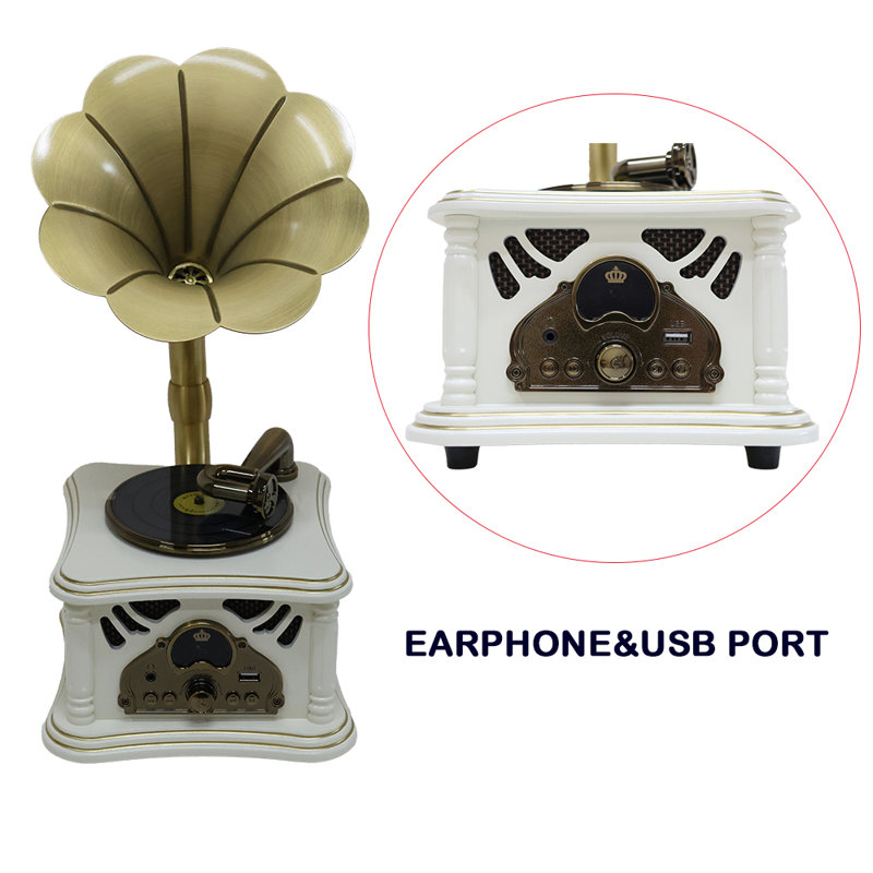 Mini haut-parleur Bluetooth blanc en bois avec radio rétro, son stéréo, sans fil Bluetooth, entrée AUX, lecture USB et prise casque 3,5 mm