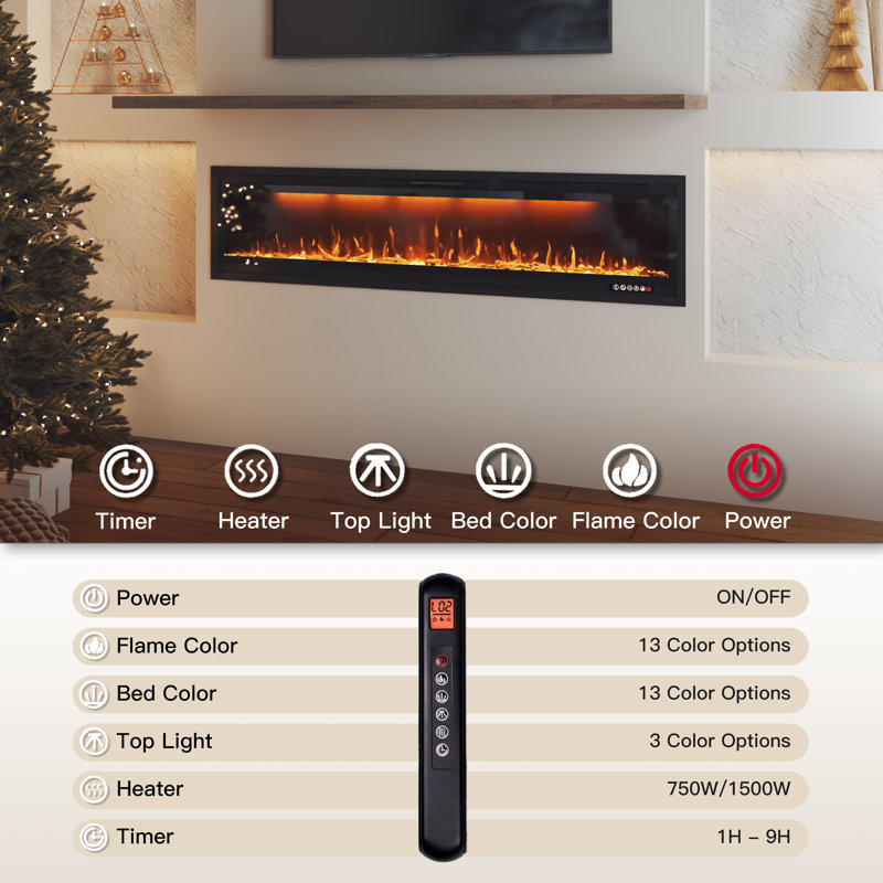 Wall Mounted/Recessed-In Electric Fireplace With Smart WIFI, 17" H x 74" W x 6.3" D
