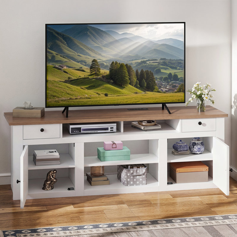 Meuble télé 70 po pour téléviseur de 80 po ou moins avec prise de courant, 25.6" H x 70" W x 15.5" D, Blanc