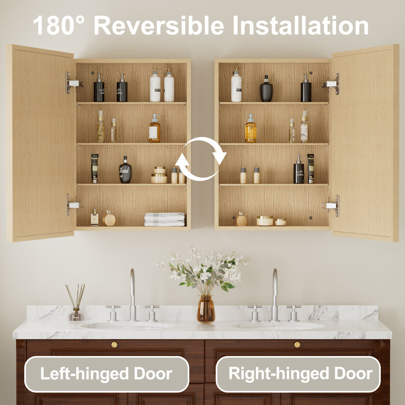 24" W X 30" H Beveled Edge Light Oak Finish Wood Medicine Cabinet with Mirror, Adjustable Shelves, Soft-Close Hinges and Reversible Door, Wall-Mount or Recessed for Makeup, Shaving or Bathroom Vanity Storage