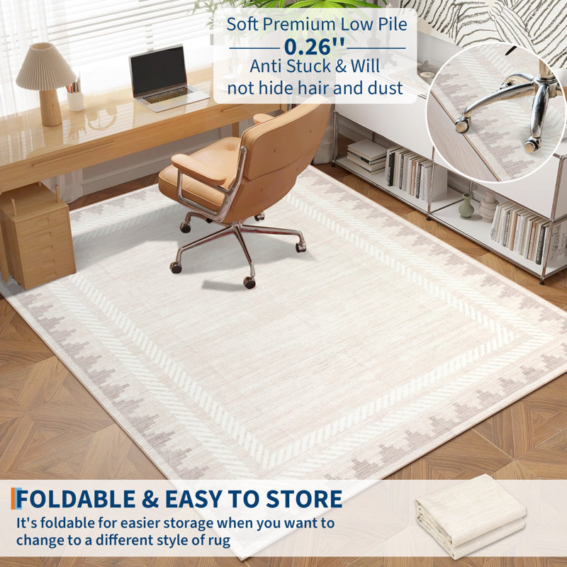Tapis lavable Geometic Border, Beige, Rectangle 9 pi x 12 pi