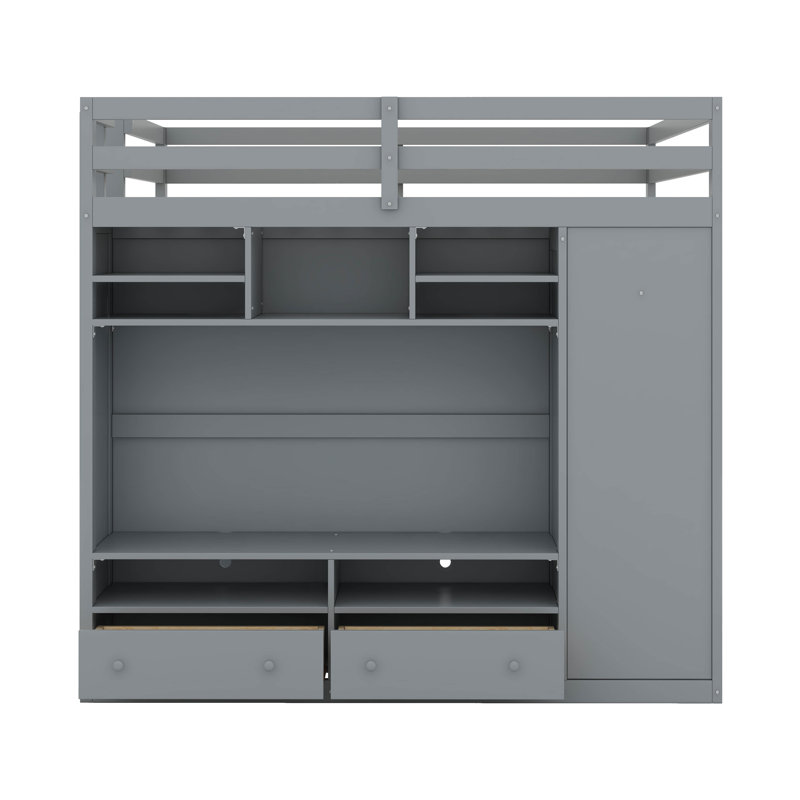 Full Size Loft Bed With Built-In Wardrobe, Drawers & Shelves,Smart LED Lighting, Gray