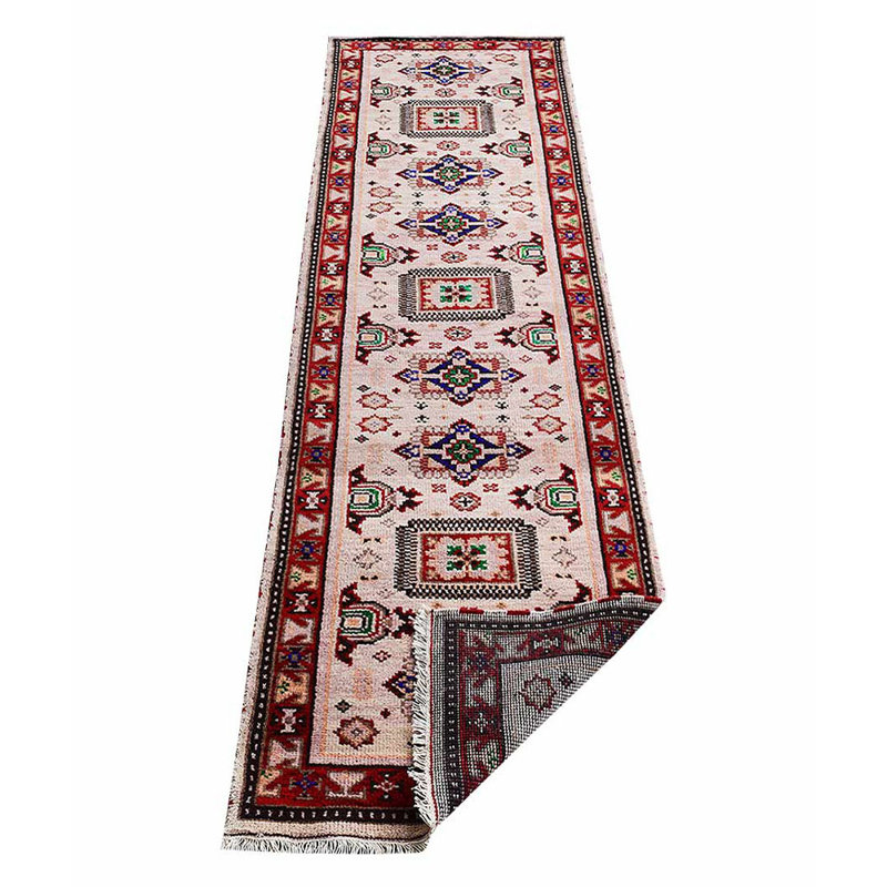 Tapis d'intérieur oriental noué à la main, en soie et laine crème et rouge, fait à la main