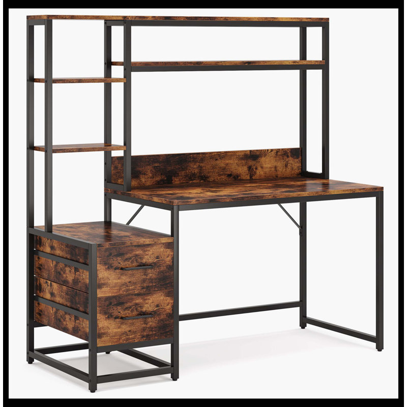 Table d'écriture de 60 po avec 2 tiroirs et tablettes de rangement, Brun rustique