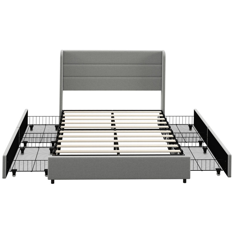 Full Size Bed Frame with Headboard, Upholstered Platform Bed Frame with Storage Drawers, Wood Slats, Noise-Free, and Easy Assembly, No Box Spring Needed, Light Grey