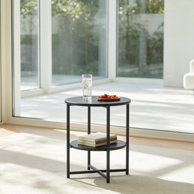 Small Round Side Table,2 Tiers Farmhouse End Table,Accent Tables For Small Spaces,Night Stands For Bedrooms Living Room,Coffee  Tables With Storage Shelf,Black