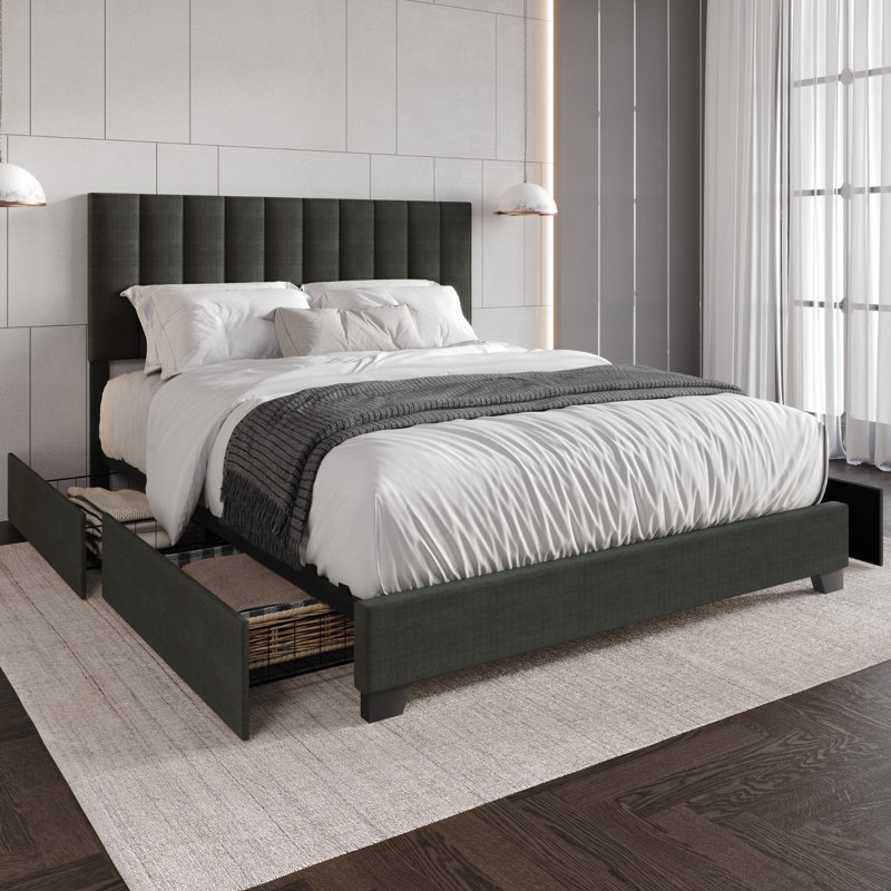 Kocis Upholstered Storage Platform Bed, King, Charcoal Gray