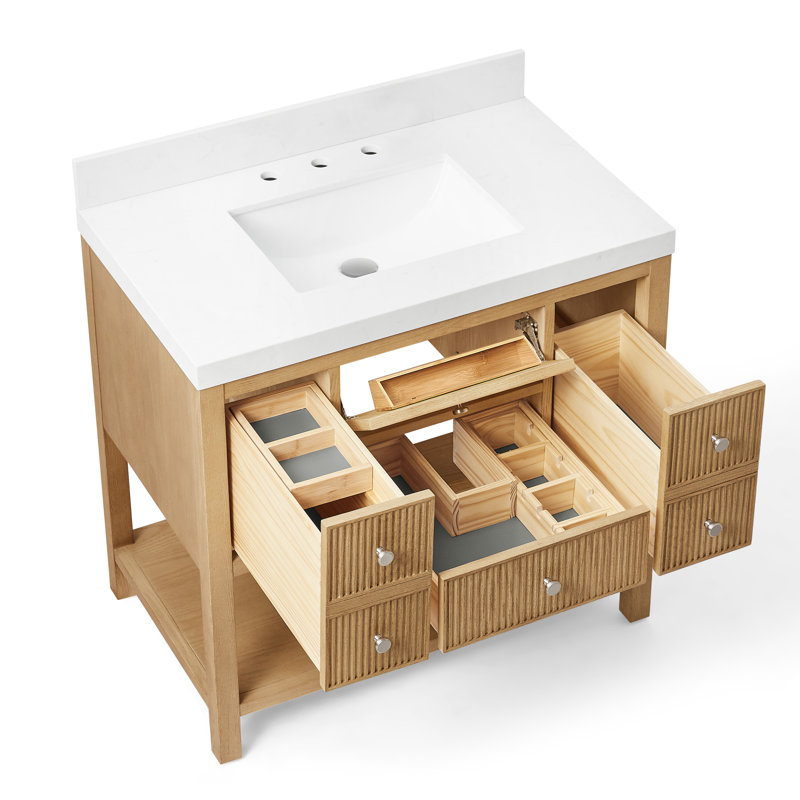 Meuble-lavabo simple en bois massif Capri avec comptoir en quartz blanc Thassos 2 po, Chêne naturel, 36"