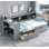 Lit plateforme simple en bois avec tablettes de rangement, tiroirs, station de charge et tête de lit tapissier, gris