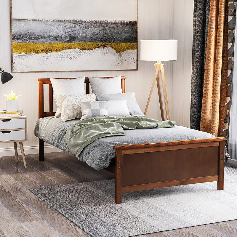 Lit plateforme en bois avec tête de lit, pied de lit et lattes en bois, Noyer