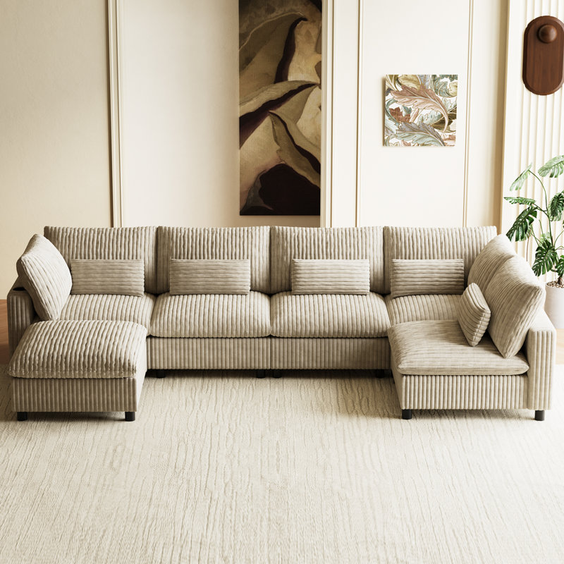 U-Shaped Corduroy Modular Sectional Cloud Sofa Deep Seat Corner Couch With Removable Ottoman, Brown Corduroy