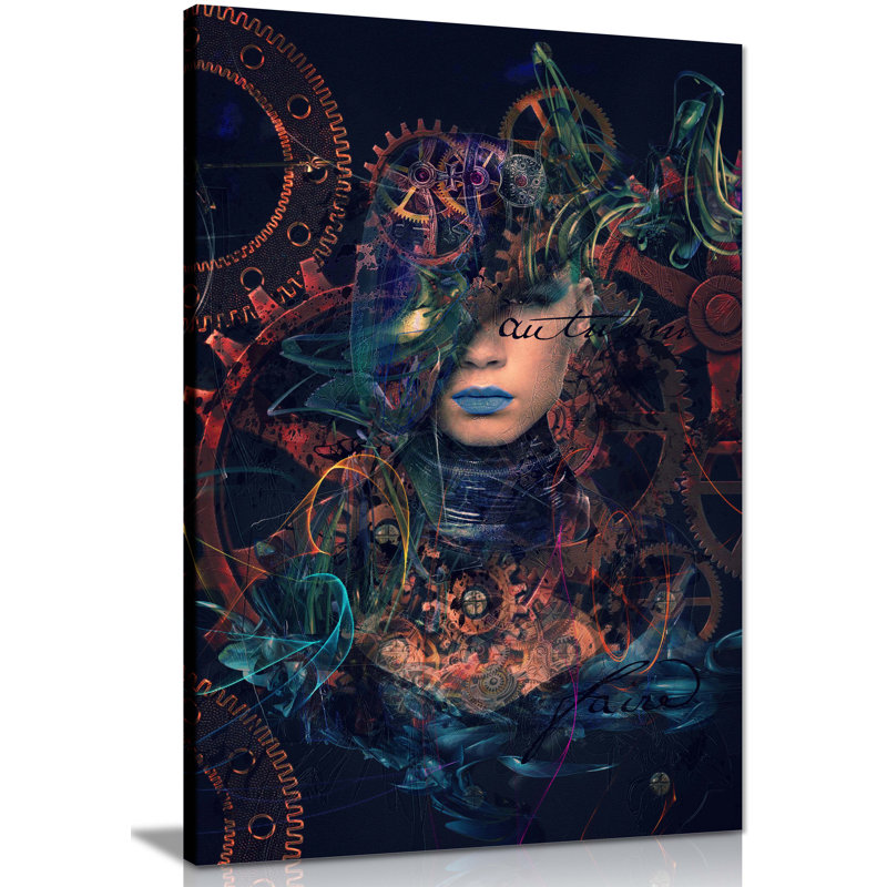 Abstract Woman Blue Lips Cog Wheels - Wrapped Canvas Print, 31cm H x 20cm W x 1.8cm D