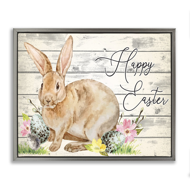 Lapin de printemps et joyeuses Pâques, H 21 po x l 17 po, Cadre flottant gris lustré
