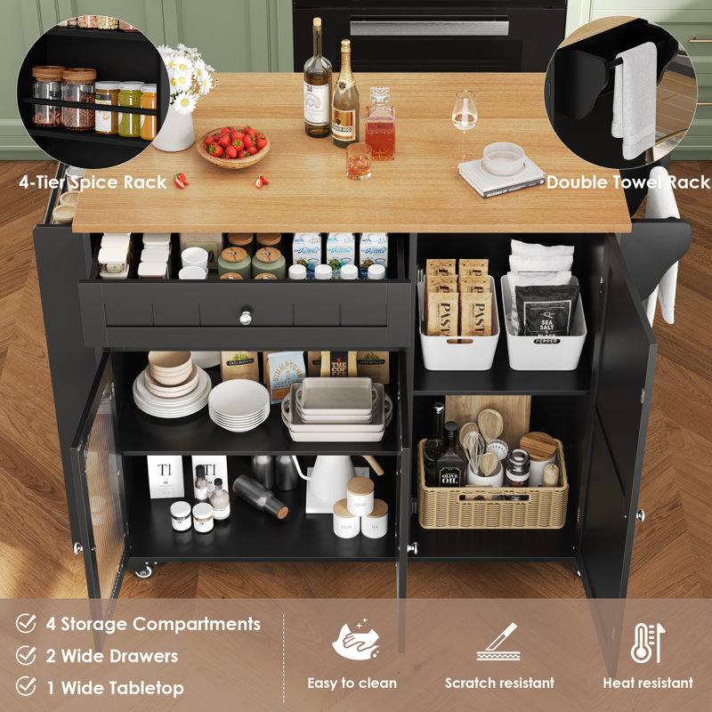 47.2"W Wooden Kitchen Island with 2 Drawers & Lockable Casters, Black