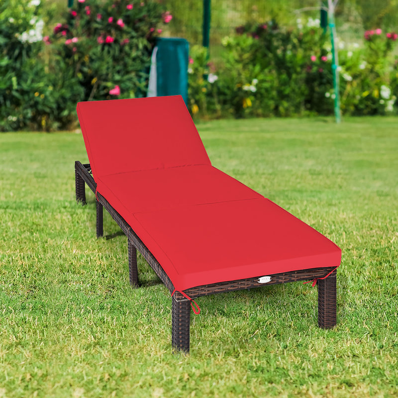 Chaise longue inclinable avec coussin en rotin, Rouge