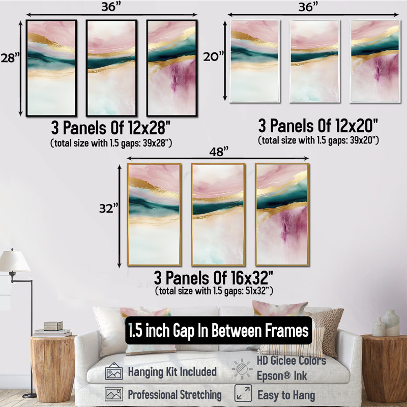 Géode abstraite rose et marbre vert IV - 3 pièces sur toile, H 28 po x l 36 po x P 1 po, Cadre flottant doré