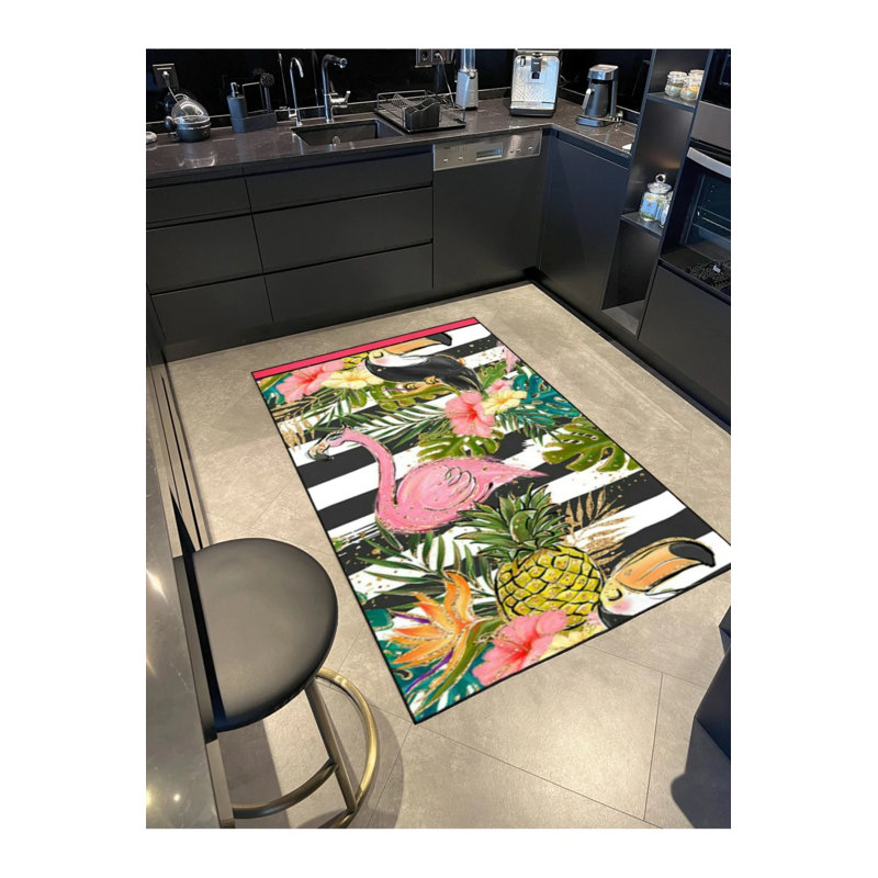 Tapis décoratif rayé gris à motif de cygne rose, Rectangle 2 pi 4 po x 4 pi