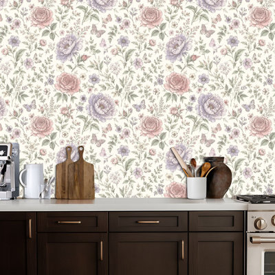 Papier peint auto-adhésif mural à motif de papillons floraux mauves à motif crème auto-adhésif amovible pour armoires de cuisine de chambre à coucher 24 po x 118 po