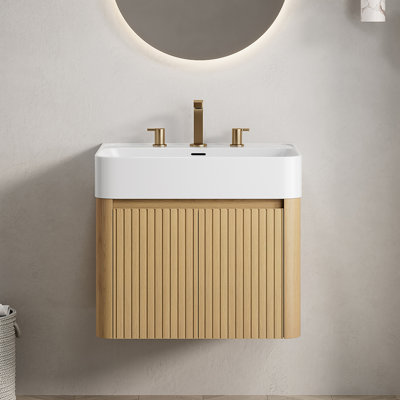 Meuble-lavabo de salle de bain 61 cm (24 po) avec lavabo intégré et meuble de rangement suspendu, en surface solide blanche brillante avec 3 trous prépercés pour robinetterie, démonté, robinet et bonde non inclus.
