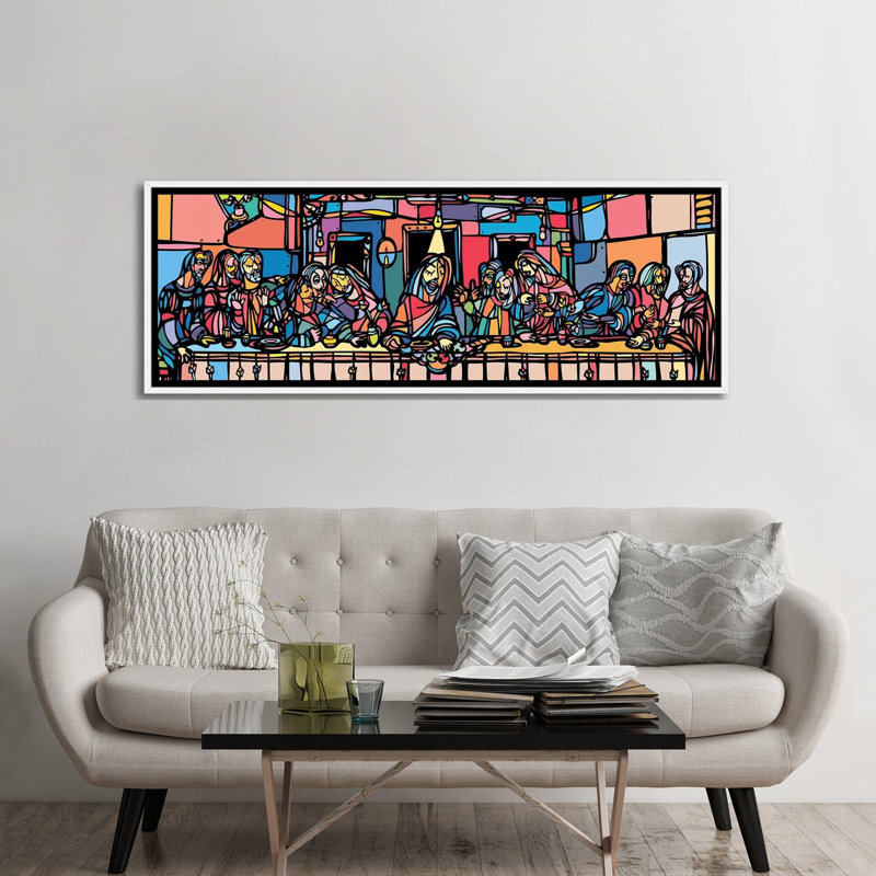 La Cène par Ninhol - impression panoramique, Cadre blanc, H 24 po x l 72 po x P 1,5 po