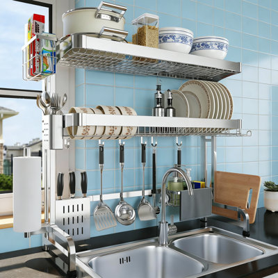 3 Tier Expandable Over Sink Dish Drying Rack Stainless Steel 25.98-37.6 Inch Silver