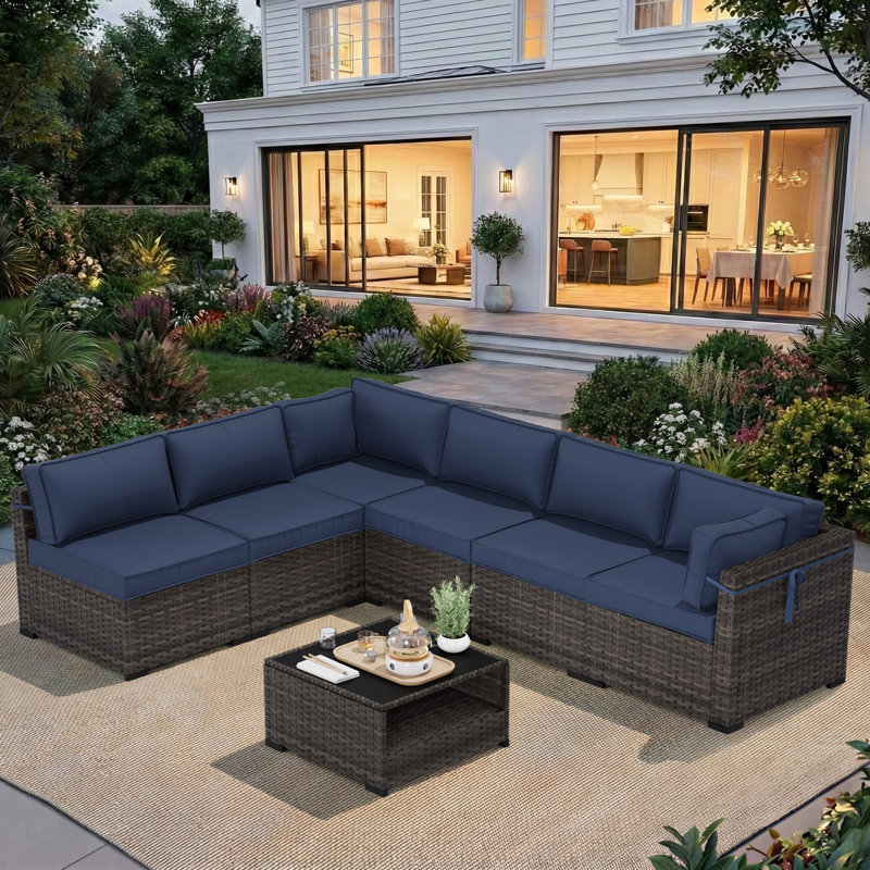 6-Person All-Weather Wicker Modular Patio Conversation Set with Thick Supportive Cushions, Blue