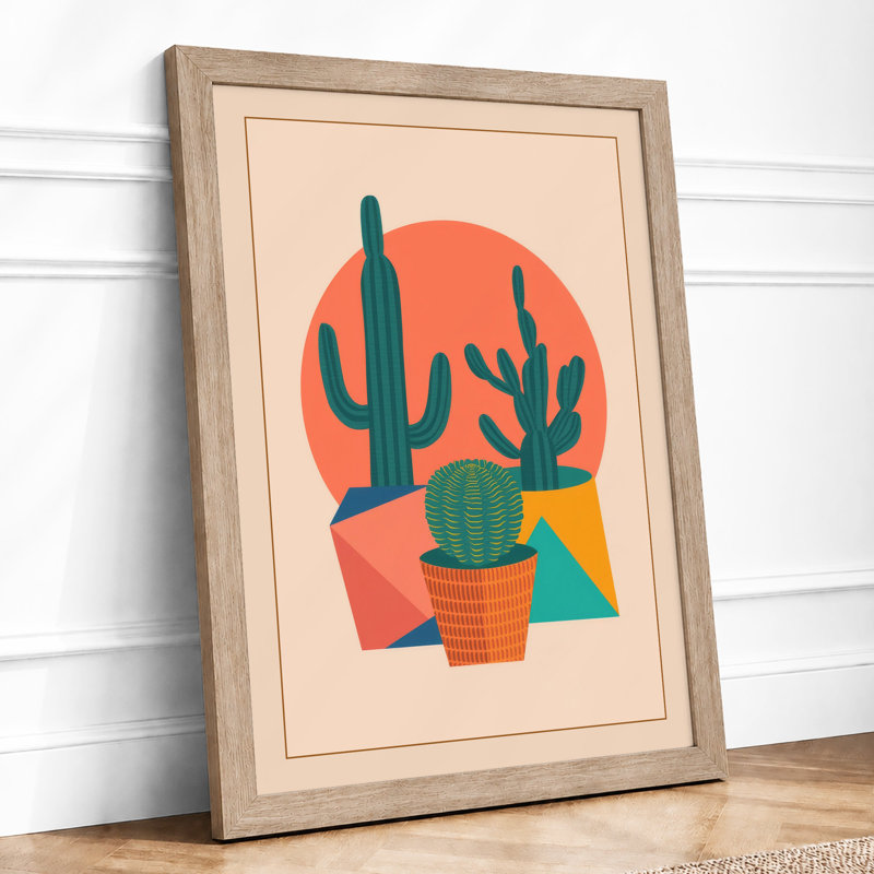 Potted Saguaro in Teal Geometric - Framed Print, A3 - 42.0 x 29.7 cm, Oak