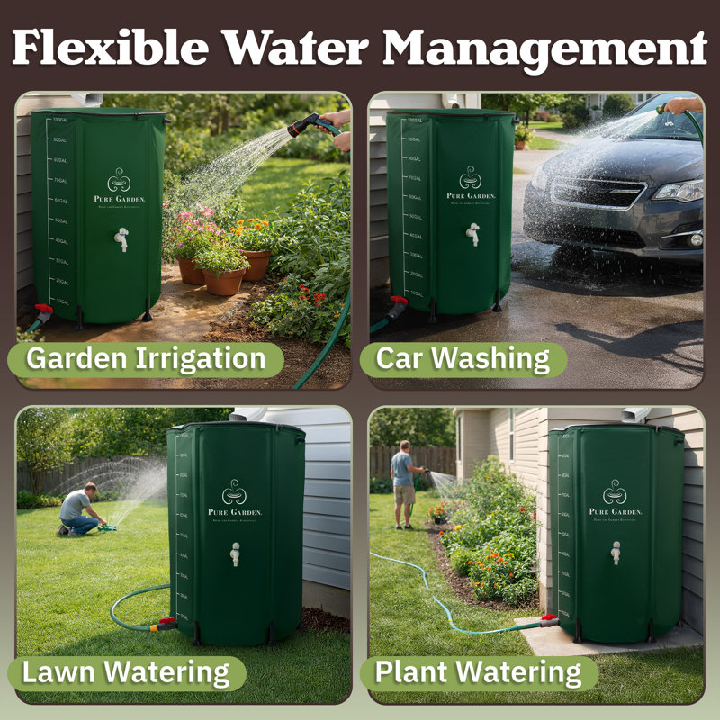 Collapsible Rain Barrel Kit - 100 Gallon / 380 L Portable Collapsible Water Container Tank - PVC Rain Collection System with Filter, Spigot, Outlet Valve, Overflow Tap and Hose (Green)
