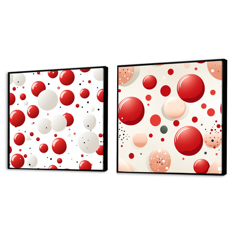 Pois rouges et blancs II - ensemble de 2 collages de formes abstraites carrées, Cadre flottant noir, H 16 po x l 33 po