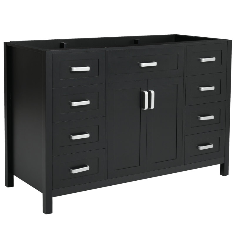 Meuble-lavabo de 47 po seulement, 2 portes à fermeture douce, 8 tiroirs, design classique, finition noire et pin, poignées en aluminium, support réglable pour une installation sur des surfaces inégales