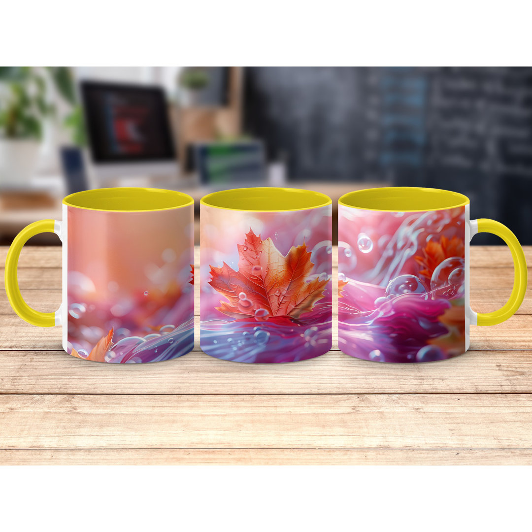 3D Design 11oz Accent Mugs – Ceramic Coffee Cup with a Yellow Handle and Interior