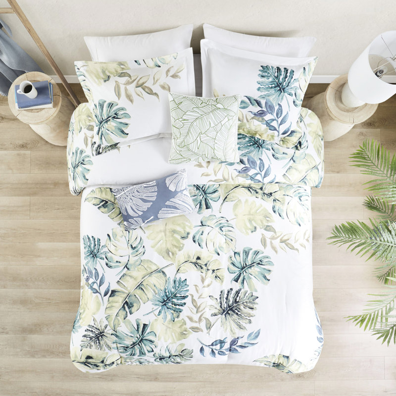 Édredon en coton pour lit grand - imprimé de plantes tropicales à 100%, Queen Comforter + 5 Additional Pieces