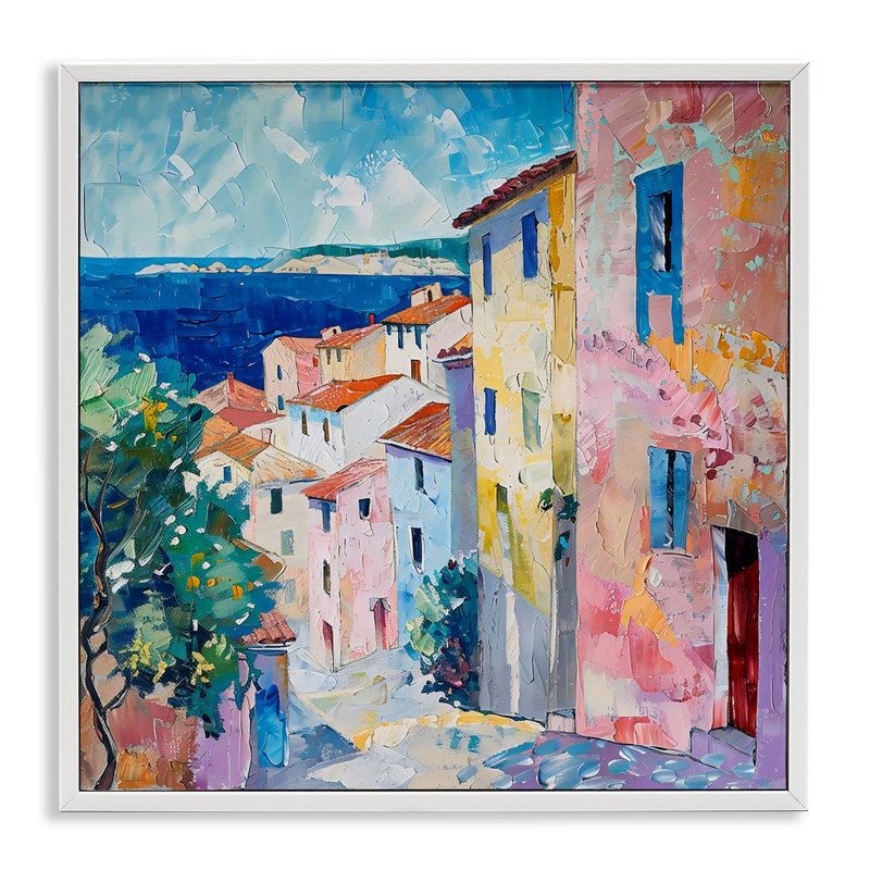Mediterranean Coastal Town Framed Giclee, design by LSR Creative Studio, 17" H x 17" W, Coastal White Framed Giclee