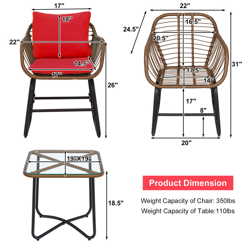 Edwardo 2 - Person Wicker Patio Dining Set with Square Table , Cushions Included, Red