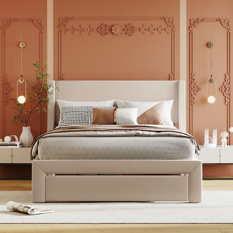 Lit de rangement rembourré en velours Mortiz, Double , Beige
