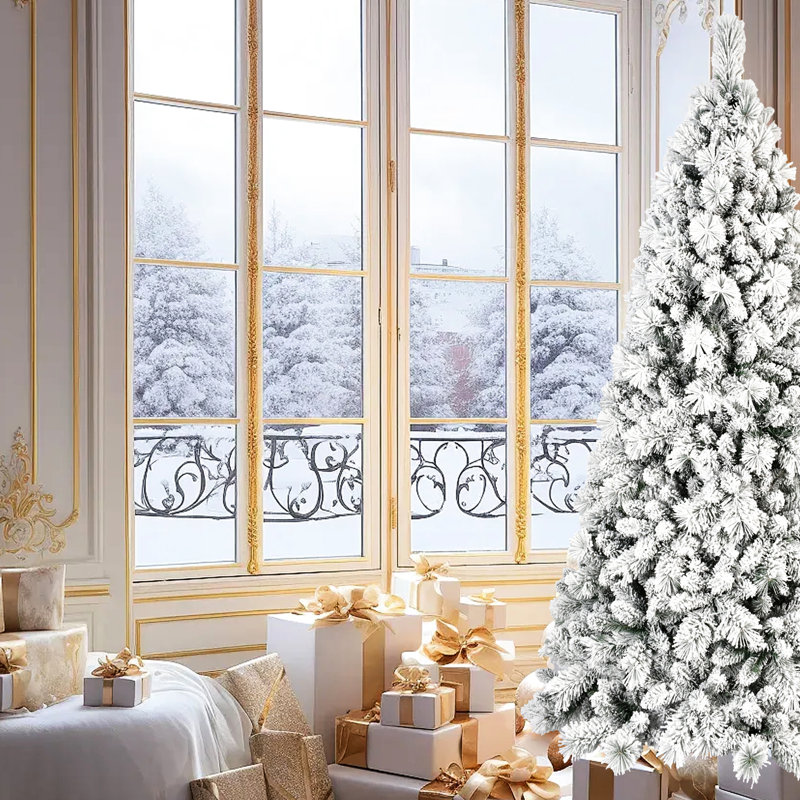 500 lumières DEL blanc chaud - arbre de Noël floqué amélioré de 7,5 pi, 1252 pointes givrées saupoudrées de neige, branches à aiguilles dures, installation à charnières simple, base en métal pour des fêtes embellies et rapides