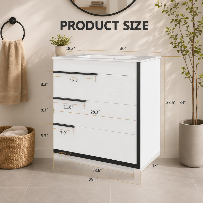 Ensemble de meuble-lavabo moderne autoportant 30 po avec lavabo en céramique et 3 tiroirs de rangement