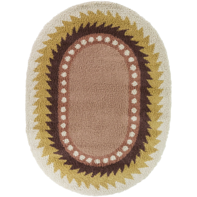 Tapis ovale à bordure triangulaire jaune / corail Machado, Ovale 6 pi 7 po x 9 pi, Jaune / corail
