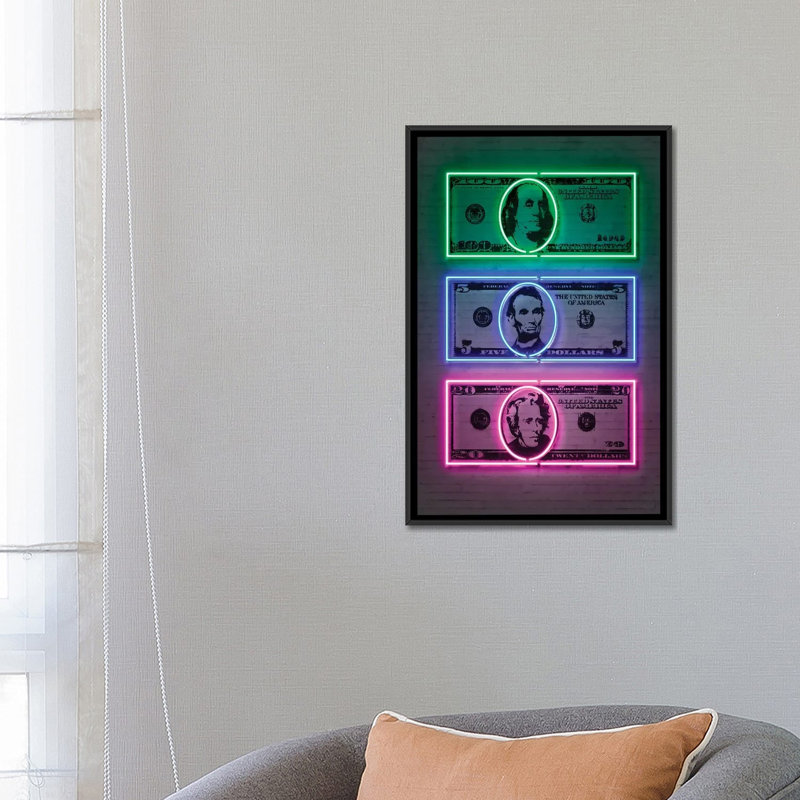 «Dollars», impression sur toile, H 26 po x l 18 po x P 1,5 po, Toile avec cadre noir, Pas de tapis