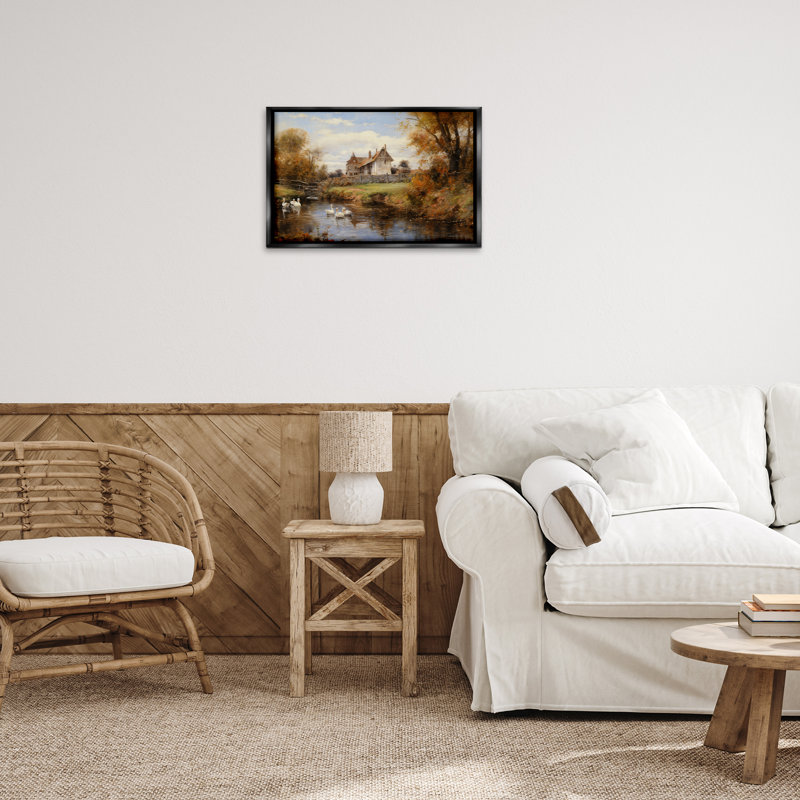 «Ducks in Cottage River», toile flottante encadrée par Petal Prints Design, Cadre flottant noir de jais, H 17 po x l 25 po