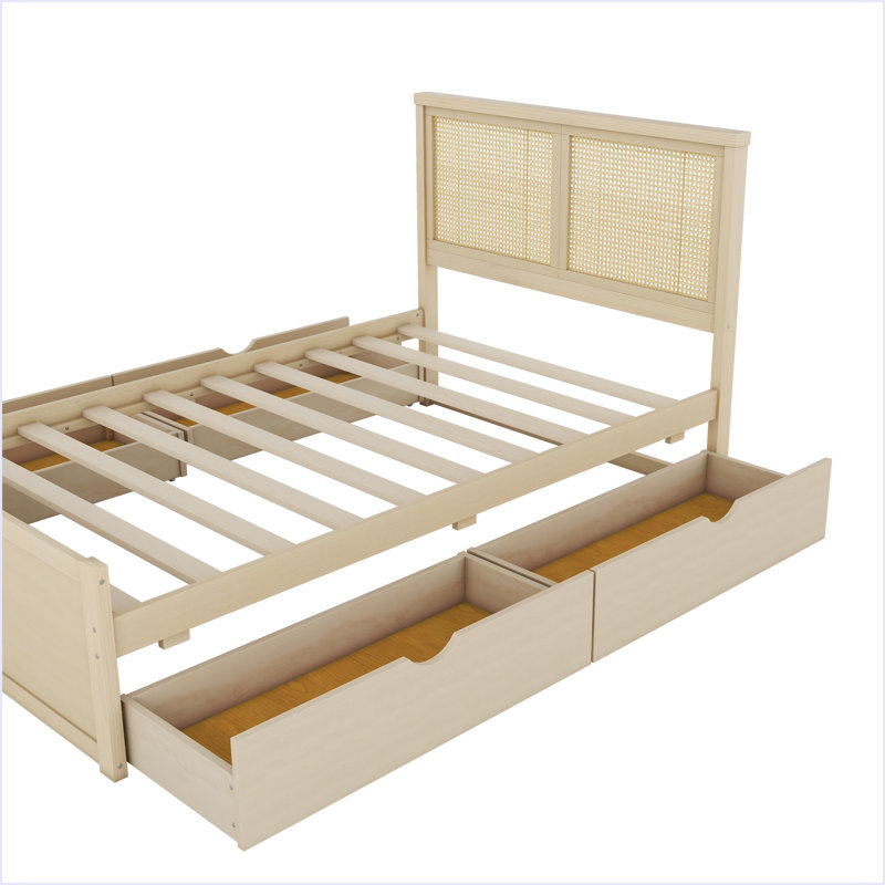 Lit plateforme avec rangement en bois 4 tiroirs, Nature, Double